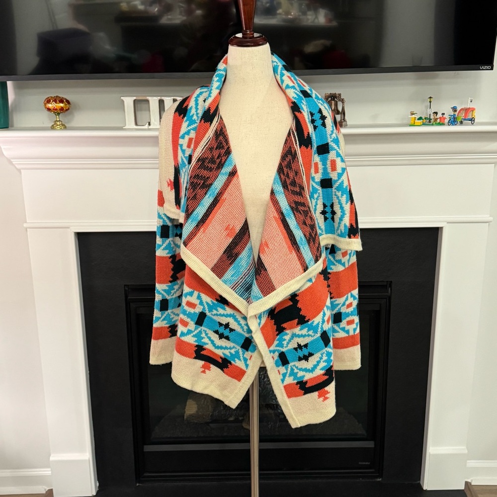 Moon Collection Southwestern Draped Cardigan – Coral & Turquoise (S)